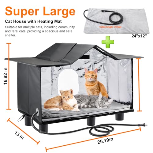Texsens Outdoor Cat House - Weatherproof Large Cat Shelter for Outside with Roof Window- Insulated Elevated House for Stray/Barn Cats with Cozy Cushion - Ideal Waterproof Feral Cat House