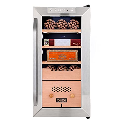 SCHMÉCKÉ 250 Cigar Cooler Humidor with 3 in 1 Precise Cooling, Heating & Humidity Control, Stainless Steel Trim Finish Cabinet, Spanish Cedar Wood Shelves and Drawer with Built in Digital Hygrometer
