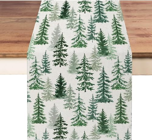 Christmas Placemats Set of 4, 12x18 Inch Green Merry Christmas Pine Trees Heat-Resistant Place Mats, Seasonal Winter Table Decors for Farmhouse Kitchen Dining Xmas Holiday Party
