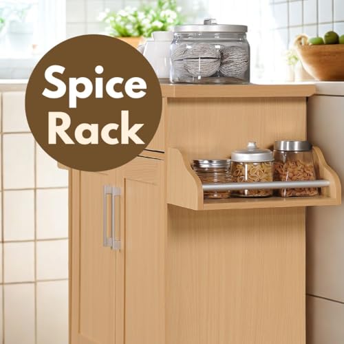 Hodedah Rolling Wood Kitchen Island Cart with Spice Rack, Towel Rack, Utensil Drawer plus Cabinet, White with Beech Top