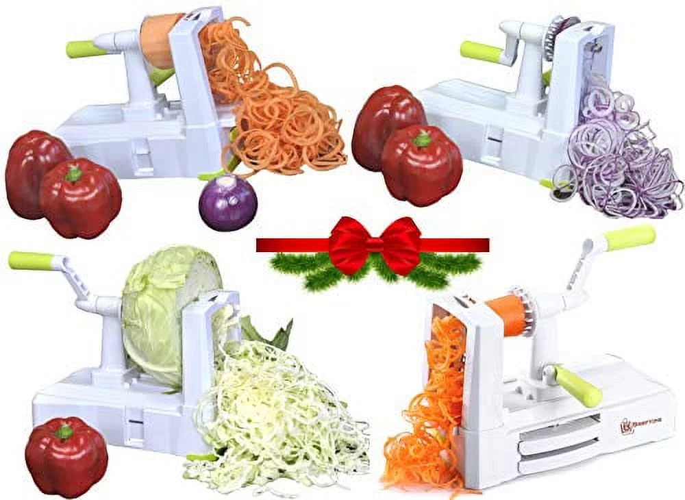 Brieftons 5-Blade Vegetable Spiralizer: Strongest-Heaviest Spiral Slicer, Best Veggie Pasta Spaghetti Maker for Low Carb/Paleo/Gluten-Free/Vegan Meals, With Extra Blade Caddy, 4 Recipe Ebooks White ( 5 Blades )