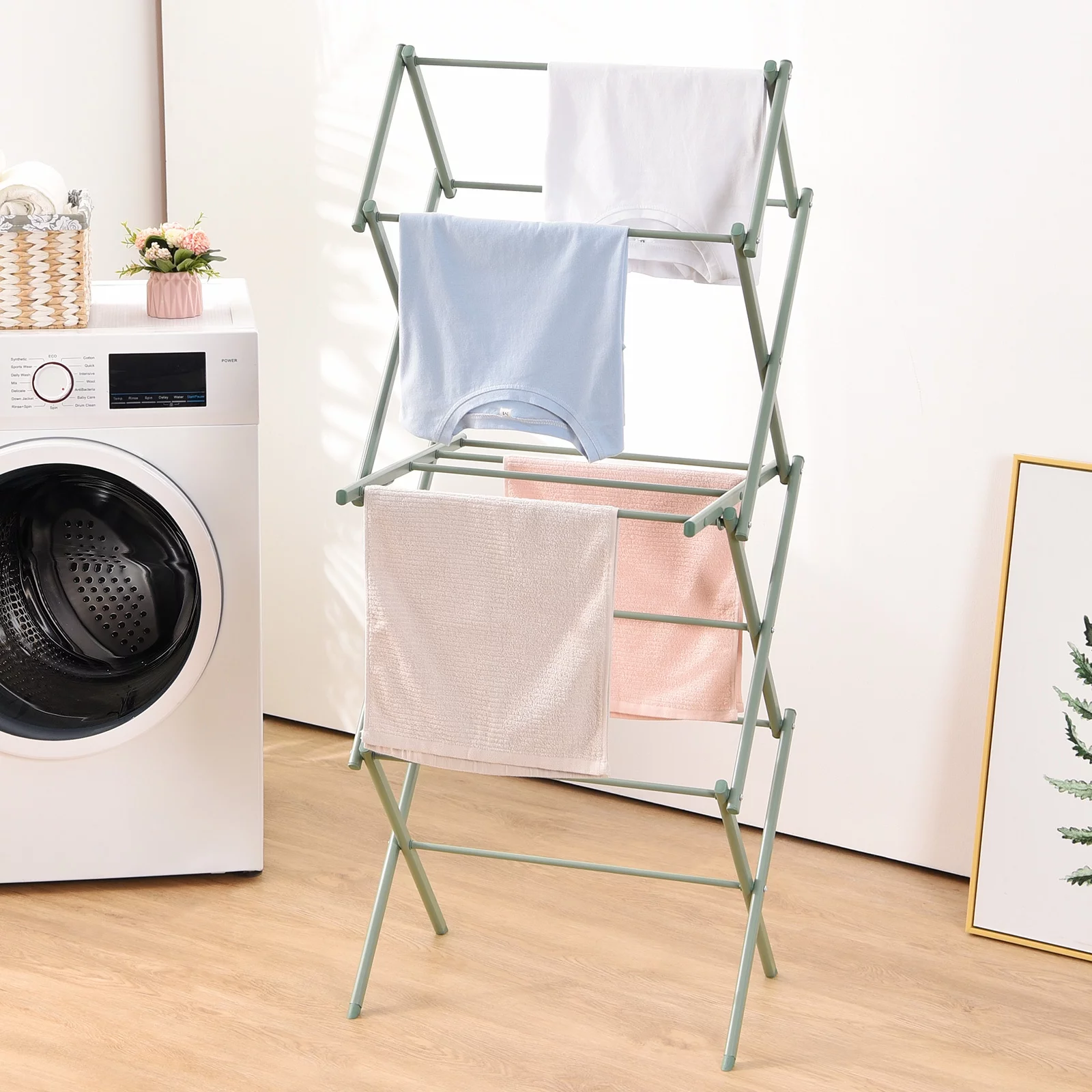 KK KINGRACK Clothes Drying Rack, 3-Tier Collapsible Steel Laundry Rack,Green