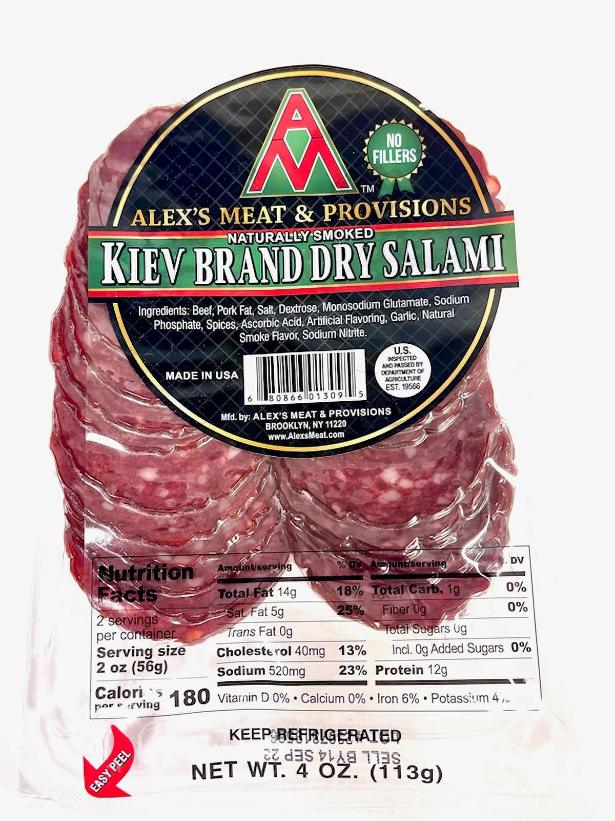 Alex's Meat Kiev Brand Dry Salami Sliced 4Oz (3 Pack) -  Beef & Pork Blend