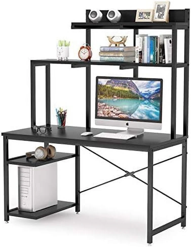Computer Desk with Shelves and Hutch  47 Inch  Office Desk with  Bookshelf CPU Stand  PC Laptop Workstation Writing Study Table for Small Space  Space-Saving Desk (Black)