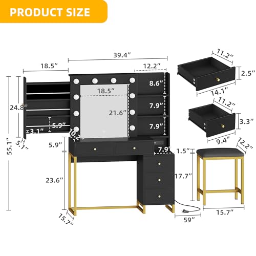 YITAHOME Makeup Vanity Desk with Mirror & Power Outlet, Hollywood Vanity Set with Hidden Jewelry Storage, 5 Drawers and Lots Shelves, Adjustable 3 Lighting Colors, Dressing Table with Stool, Black
