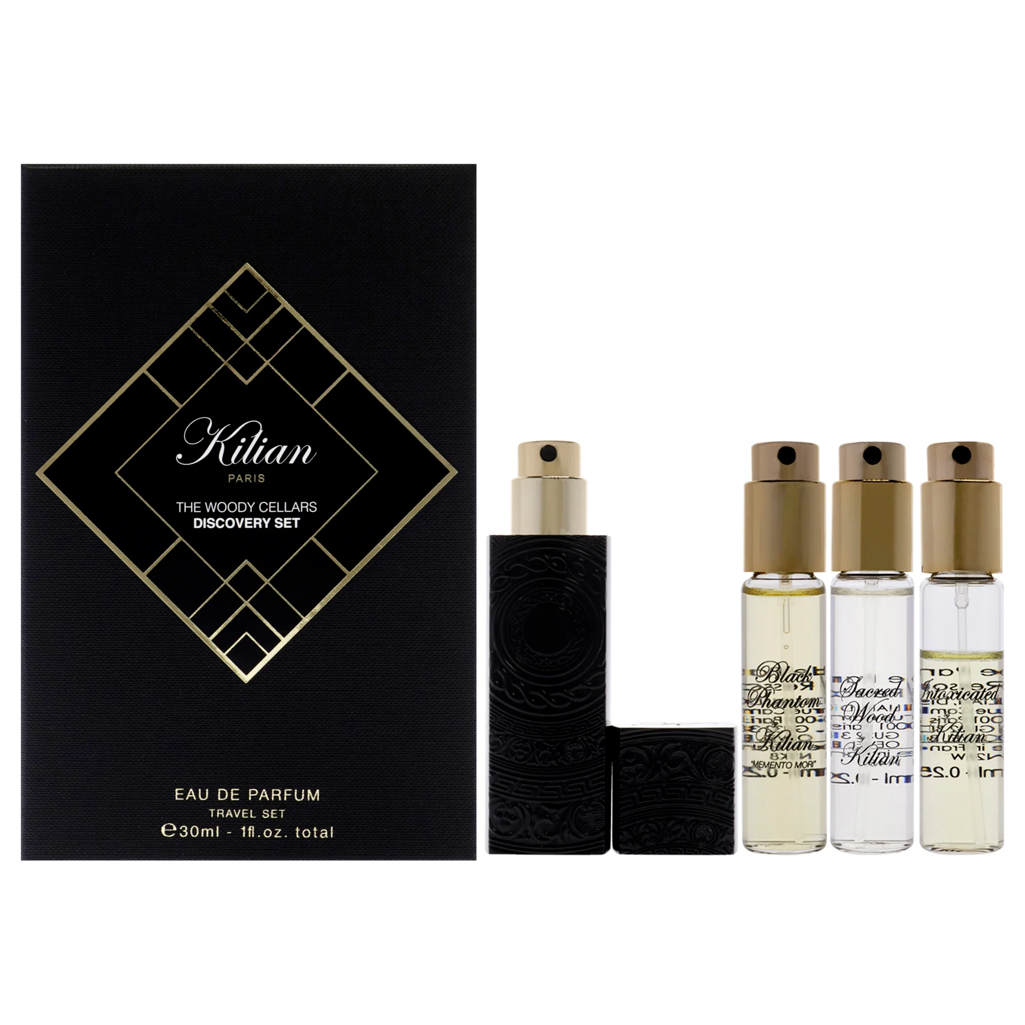 The Woody Cellars Discovery Set by Kilian for Unisex - 5 Pc Mini Gift Set 0.25oz Straight to Heaven EDP Spray (Refill), 0.25oz Memento Mori EDP Spray (Refill), 0.25oz Sacred Wood EDP Spray (Refill), 0.25oz Intoxicanted EDP Spray (Refill), Travel Spra