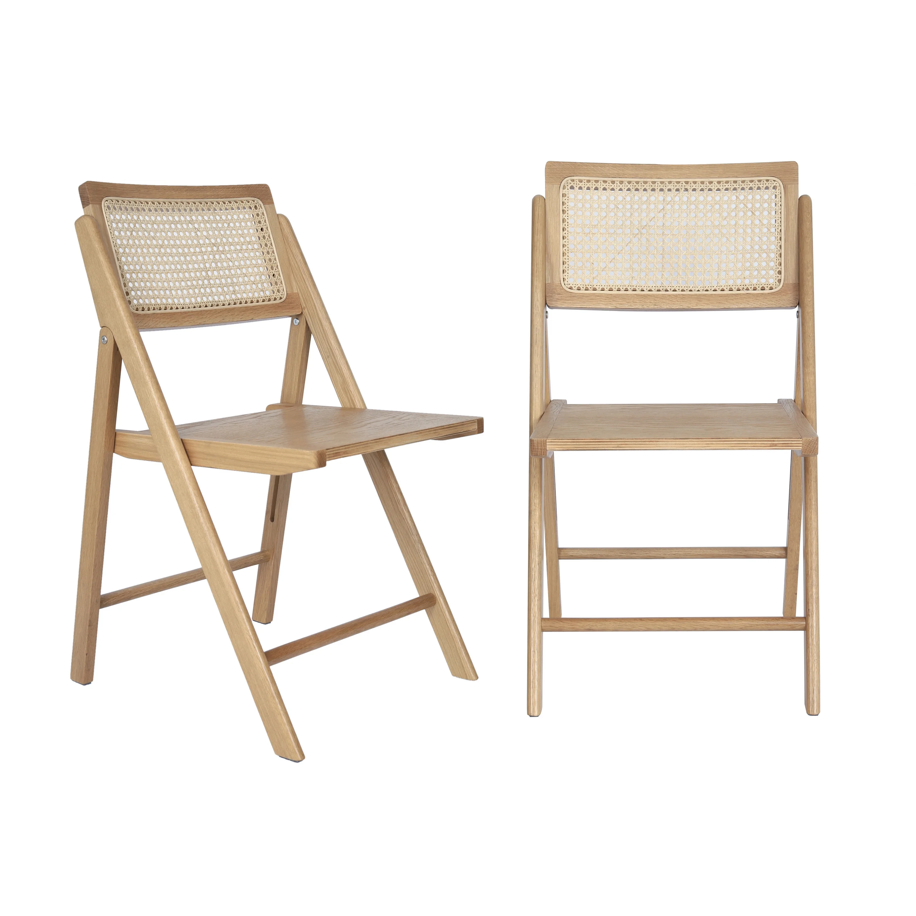 Emma + Oliver Set of 2 Cane Rattan Folding Chairs with Solid Wood Frames and Seats and Breathable Woven Rattan Backrest in Natural