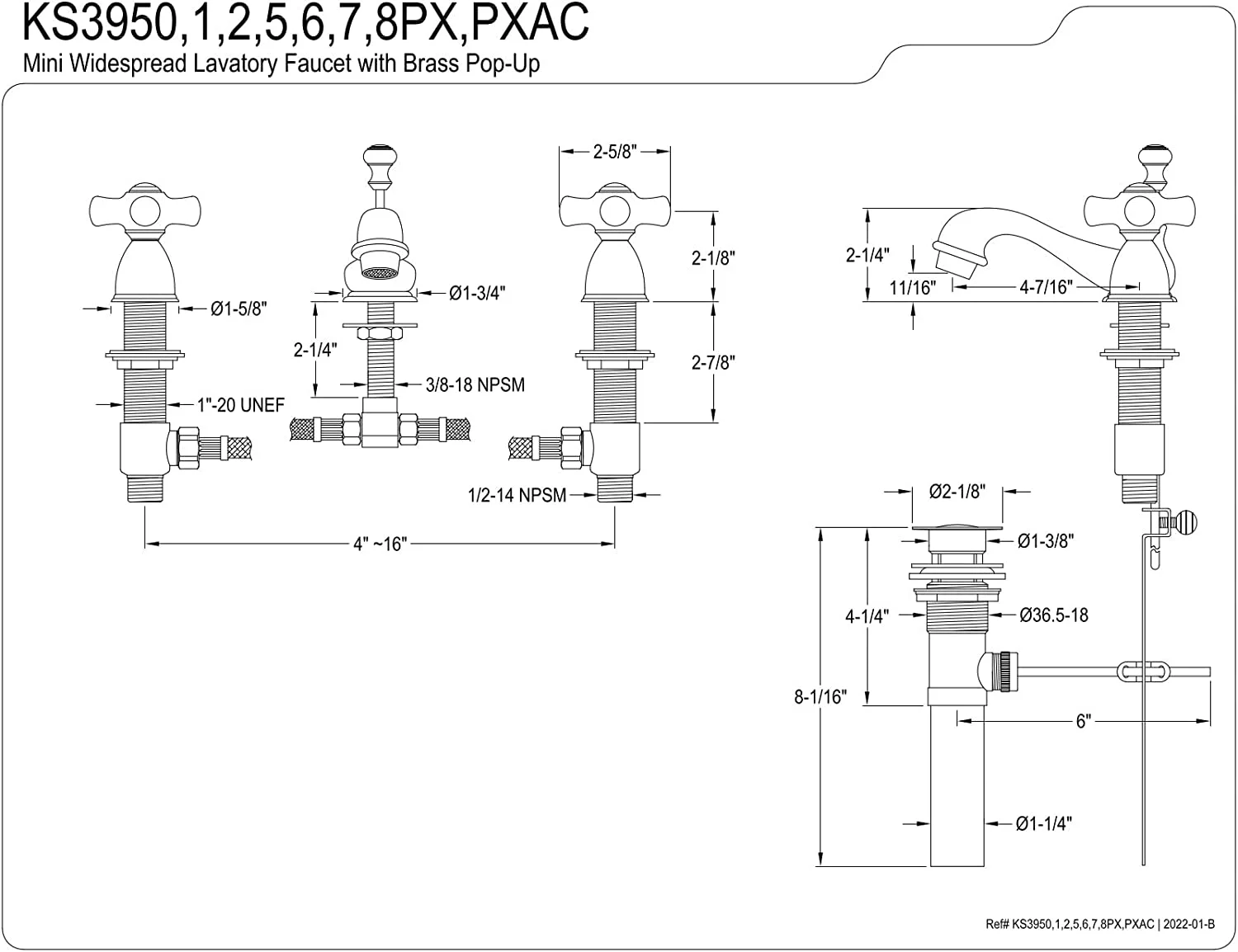 Kingston Brass KS3951PX Restoration Mini Widespread Lavatory Faucet with Porcelain Cross Handle, Polished Chrome