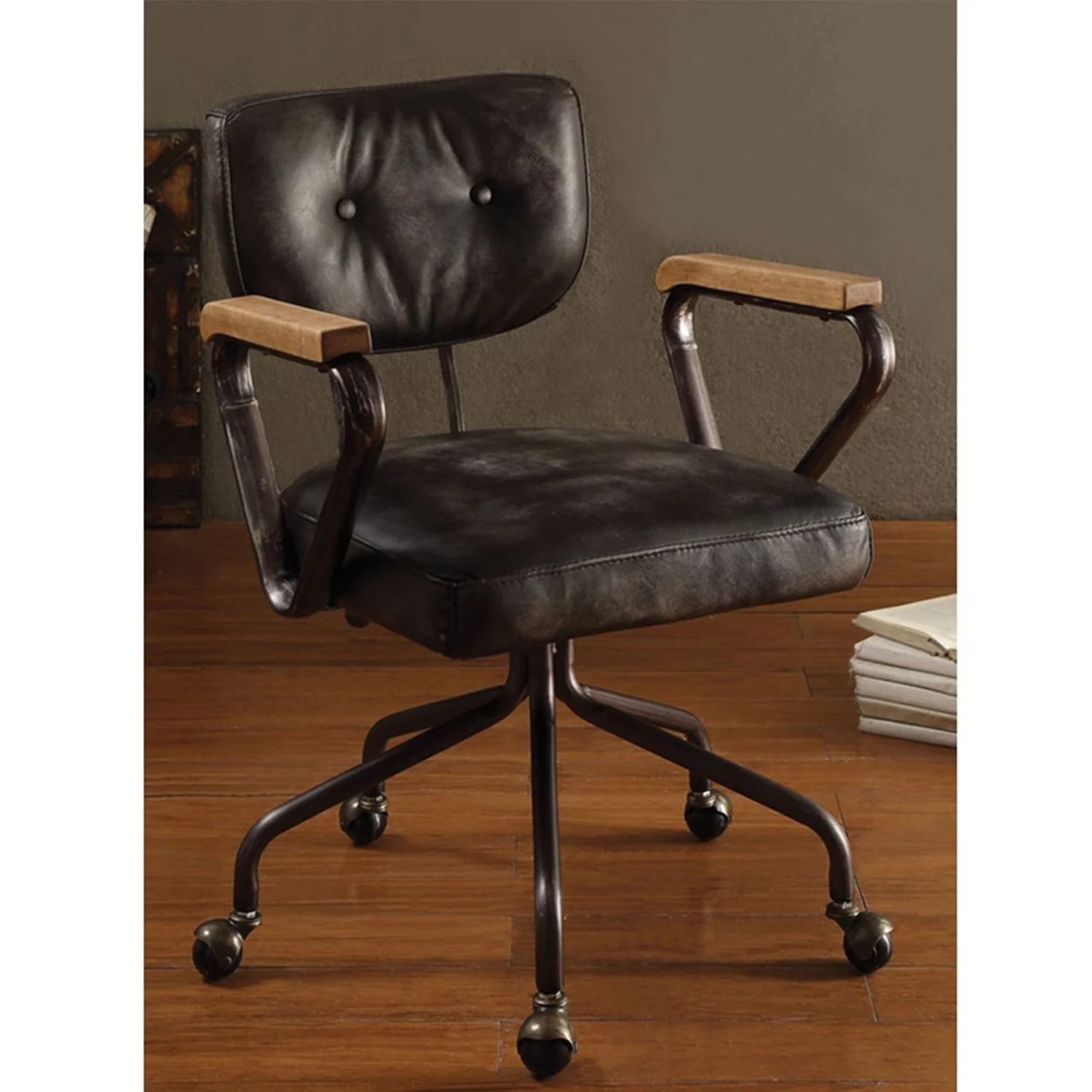 HomeRoots Decor 24-inch X 25-inch X 32-inch Vintage Black Top Grain Leather Office Chair