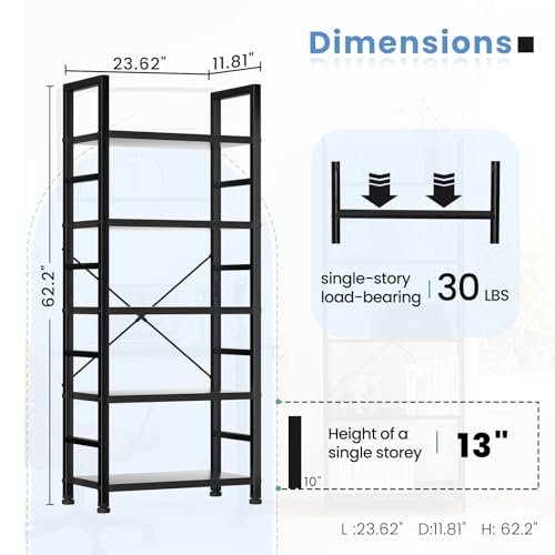 DUMOS 5 Tier Book Shelf Tall Modern Bookcase Set of 2 for Books, CDs, Movies, Storage and Organization Bookshelf Industrial Home Decor for Bedroom Office Kitchen Living Room, Black