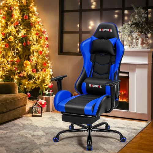 ECOTOUGE PC Massage Gaming Chair with Footrest Ergonomic Office Desk Chair Racing PU Leather Recliner Swivel Rocker with Headrest and Lumbar Pillow, Blue
