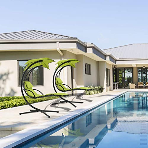 Hammock Chair Hanging Chair Lounge Chairs Outdoor Porch Swing Arc Stand with Canopy Umbrella and Pillow, 280 LBS Capacity, Heavy Duty Large Air Floating Chaise Chair for Patio Backyard Deck Garden