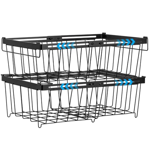 Wetheny Freezer Organizer Bins - Fit 10 to 20 Cu.FT Chest Freezer, 2 Pack Large Expandable Stackable Deep Freezer Organizer Bins, Wire Sort Frozen Food Baskets, Black