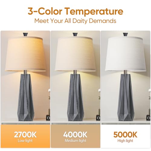 WIHTU 3 Color Temperature Table Lamps Set of 2, Beside Lamp with Linen Shade, 27'' Wood Grain Color Modern Table Lamp for Living Room, Resin Desk Lamp for Nightstands Bedroom Decor (2 Bulbs Included)