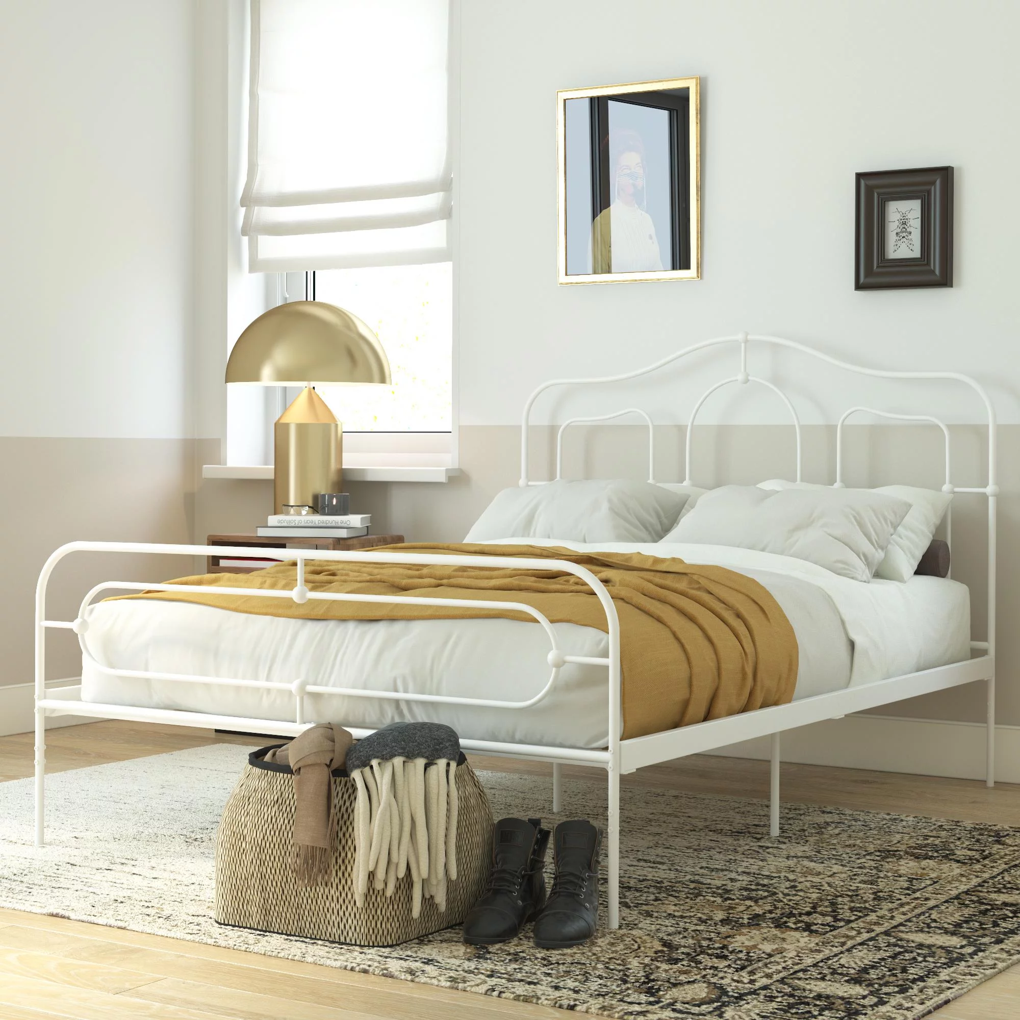 Mr. Kate Primrose Metal Bed with Secured Slats, Headboard and Footboard, Full Size Frame, Off White