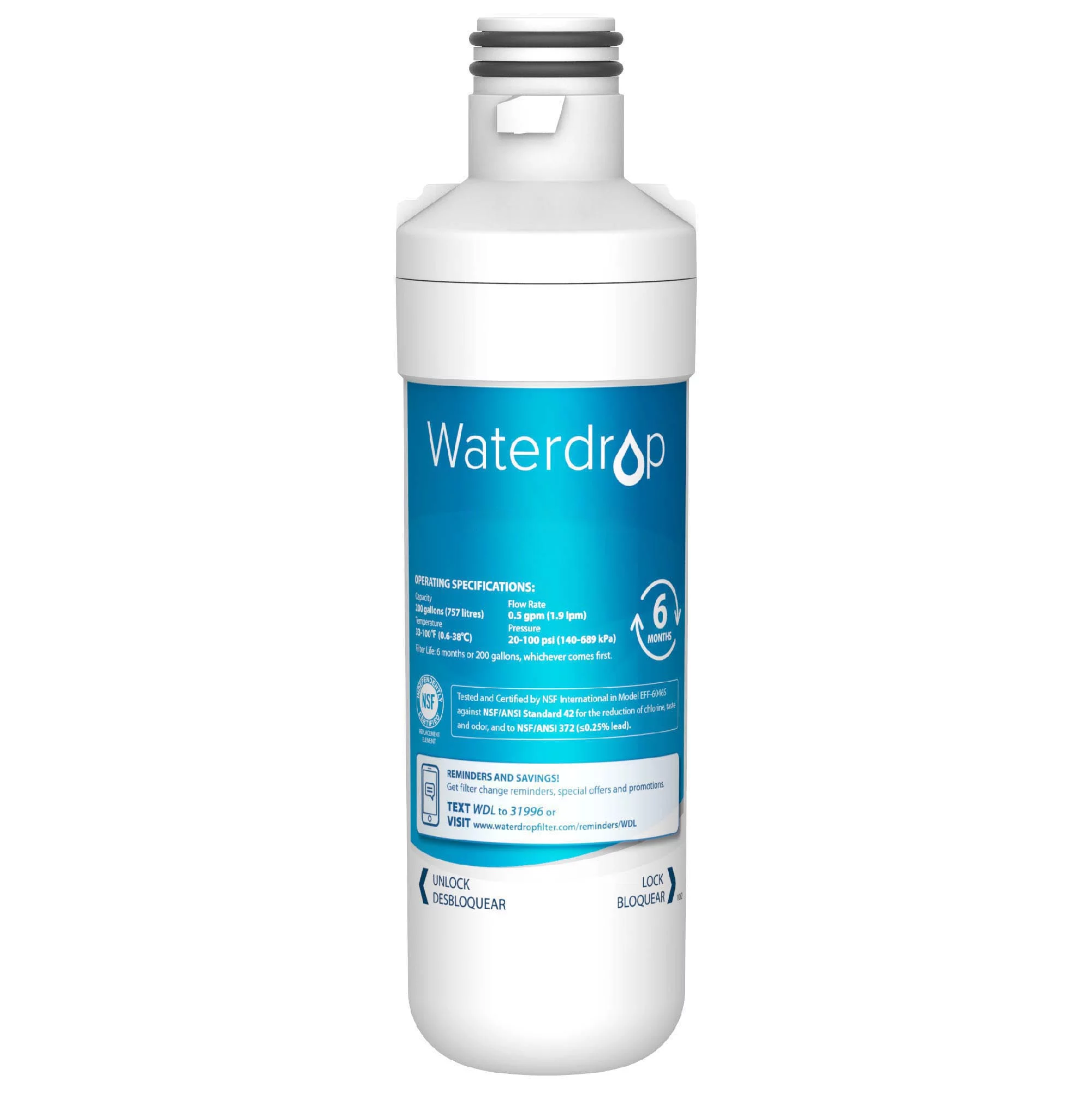 Waterdrop LT1000PC ADQ747935 MDJ64844601 Refrigerator Water Filter, Replacement for LG® LT1000P®, ADQ74793501, ADQ74793502, Kenmore 46-9980, 9980, LFXC24796S, LSFXC2496D, NSF Certified, Pack of 1