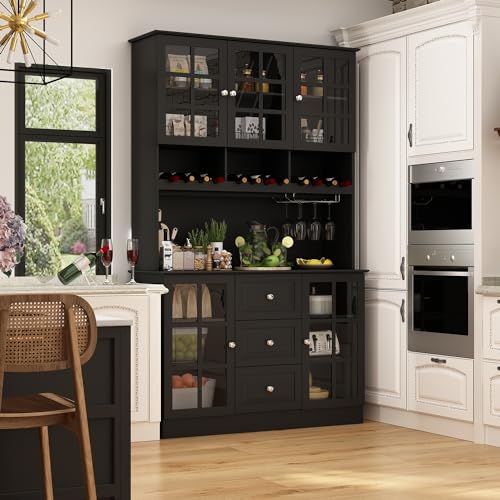 Homsee Modern Kitchen Pantry with Glass Doors, Drawers & Adjustable Shelves, Freestanding Wood Cupboard Storage Cabinet with Cup Holder for Living Room, White (47.2”W x 16.3”D x 78.9”H)