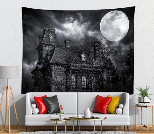 CORFOTO Halloween Scary Castle Tapestry Wall Hanging Fabric 78''Wx117''L Haunted Gothic Mansion Wooden House Spooky Scene Tapestry for Halloween Bedroom Living Room College Dorm Decor