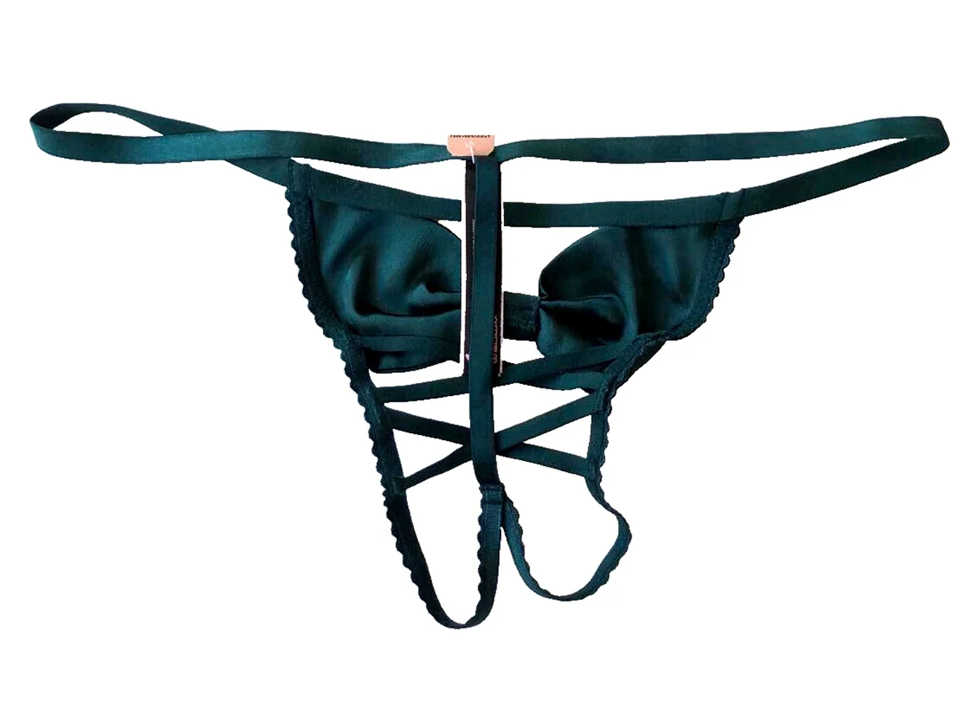 Victoria's Secret Dream Angels Crotchless Satin Bow V-String Panty Dark Green Size Medium NWT