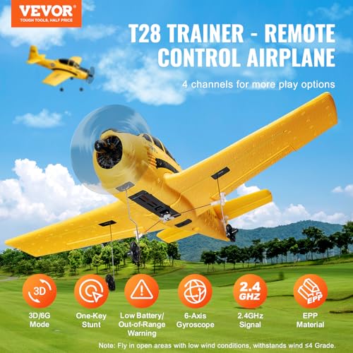 VEVOR RC Plane, 2.4GHZ 4 Channel RC Airplane with 6-Axis Gyro Stabilizer&2 Batteries, Ready to Fly T28 Trainer Aircraft Plane Toy, RC Glider for Adults Kids Beginners Boys Birthday/Xmas Child Gift