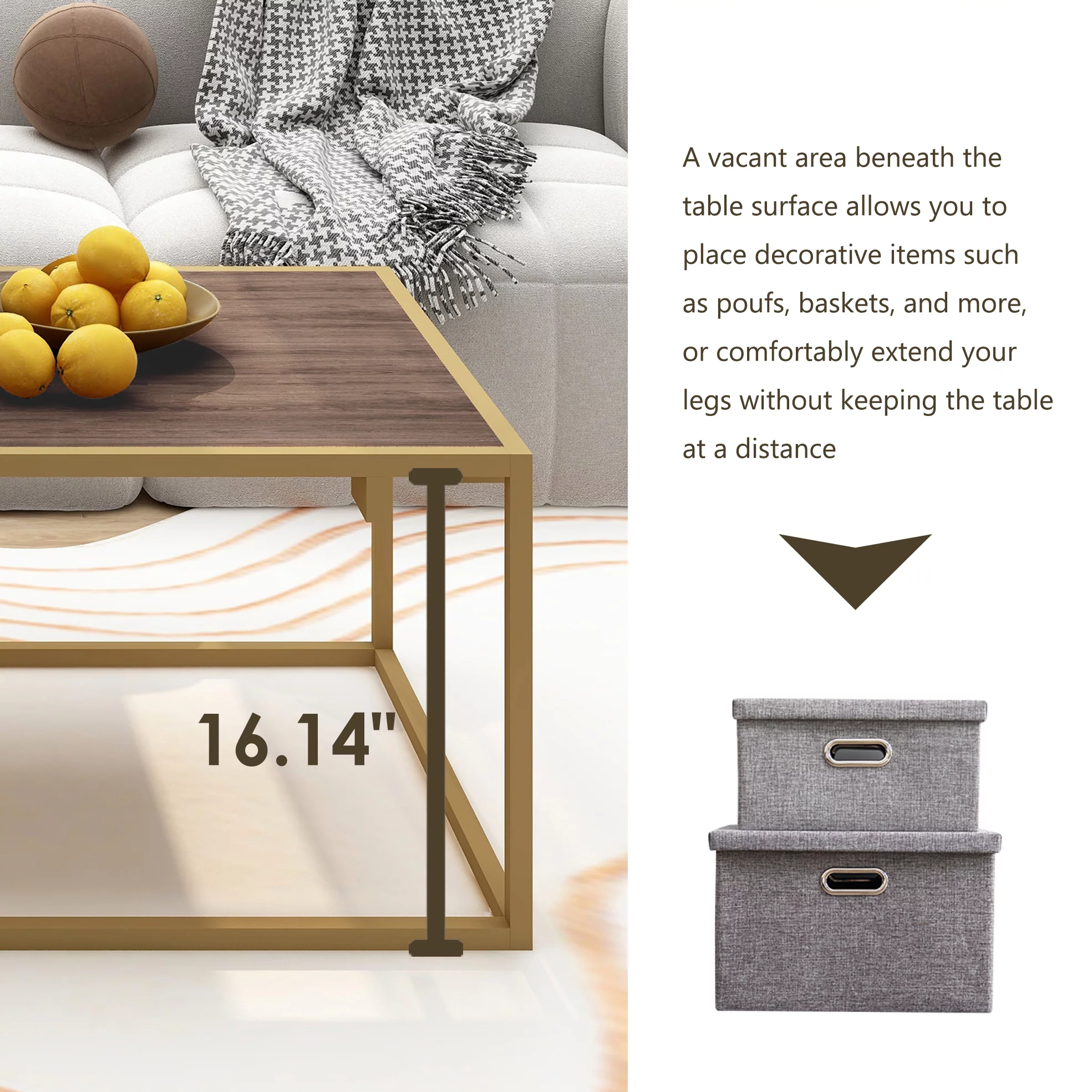 Alazyhome Modern Industrial Style Rectangular Wood Grain Top Coffee Table with Gold Metal Box Frame