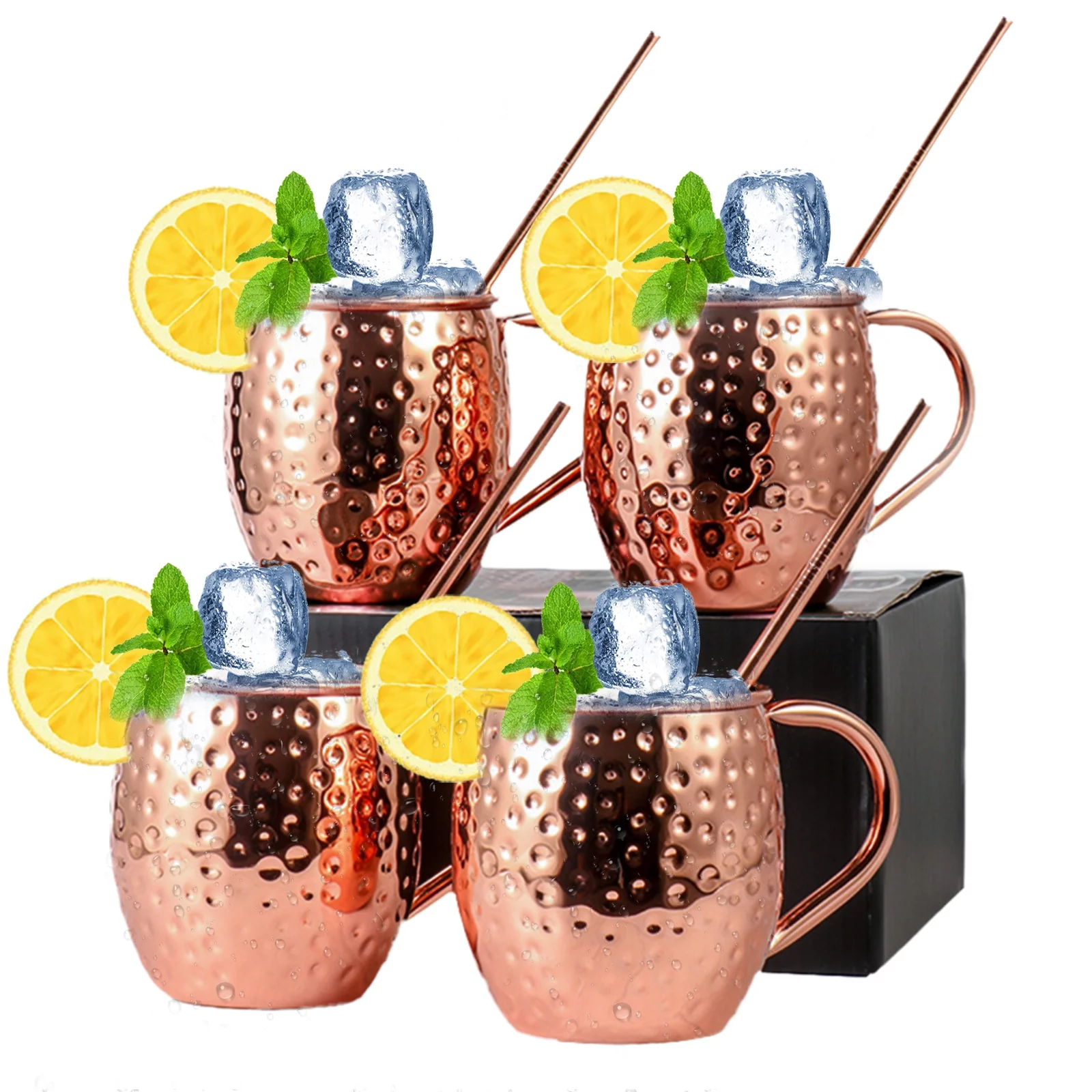 ammoon Moscow Mule Copper Mugs Set Pure Copper Plating, 18 Stainless Steel Drinking Cup, 4 Cocktail Copper Straws Great Bar Gift Set