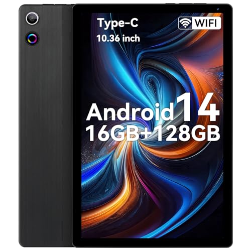 Tablet,10.36 inch Android 14 Tablet, 16GB RAM and 128GB ROM,8-Core HD Display 5000mAh Long Battery,Dual Camera,1TB Expandable Slim Lightweight,Black