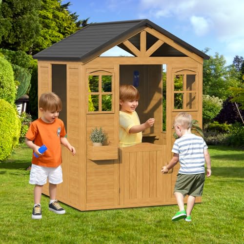 All Spruce Outdoor Kids Playhouse, Toddler Playhouse Wooden Playhouse for Kids Ages 3-10, with Sink, Stove, Flower Pot Holders, Phone, Kitchen with Food Kitchenware Tableware, 42