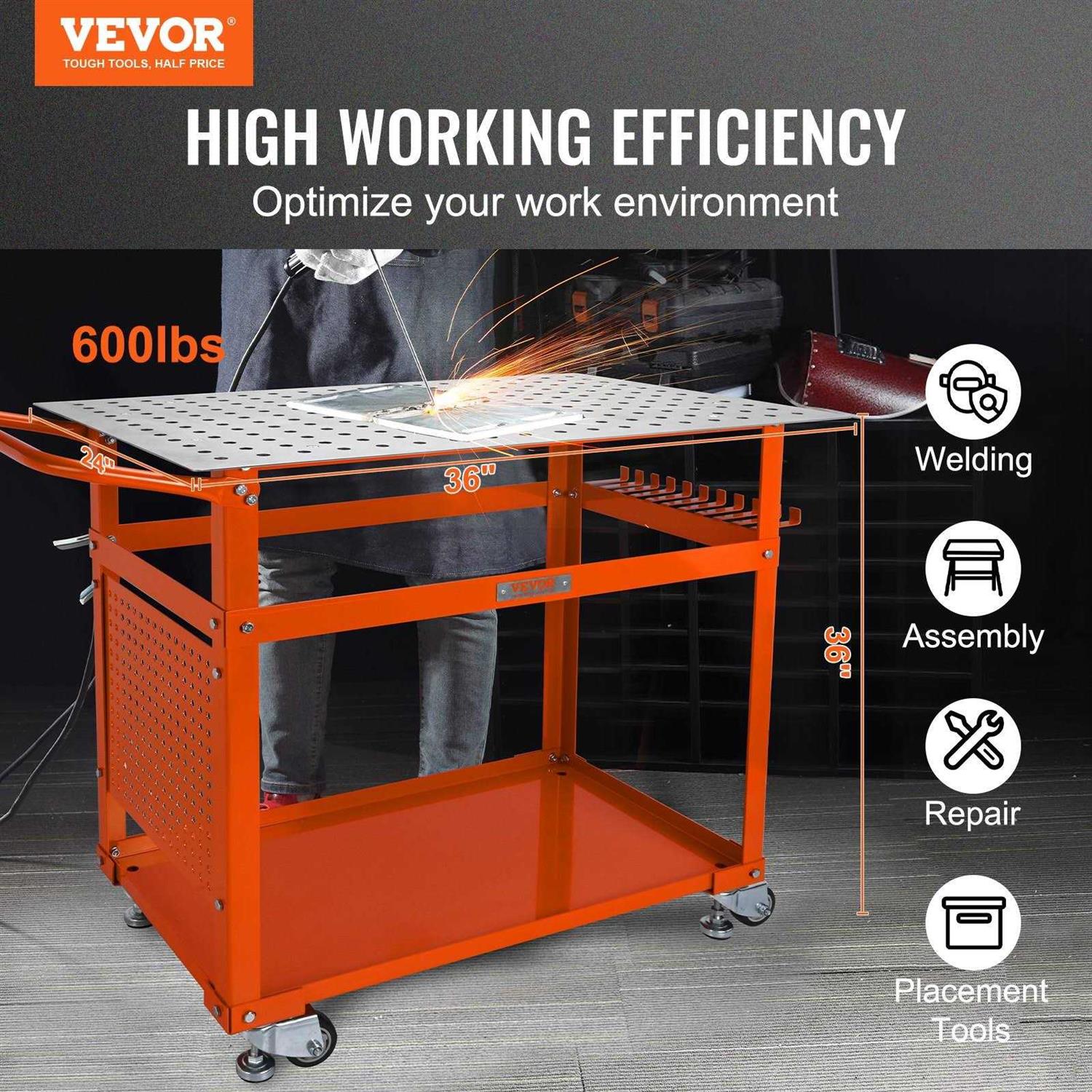 VEVOR Welding Table 36×24 600lbs Load Capacity Steel Welding Workbench Table on Wheels