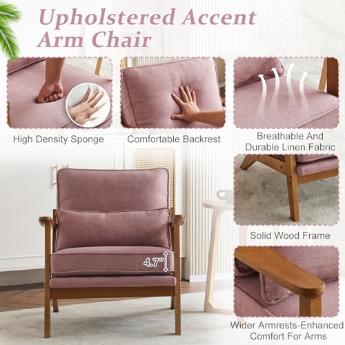 VINGLI Solid Wood Wide Armrests Accent Chair,Upholstered Mid Century Modern Chair with Pillow,Comfy Reading Chair Farmhouse Arm Chair,Chairs Living Room,Bedroom,Guest Room,Linen Fabric,Beige
