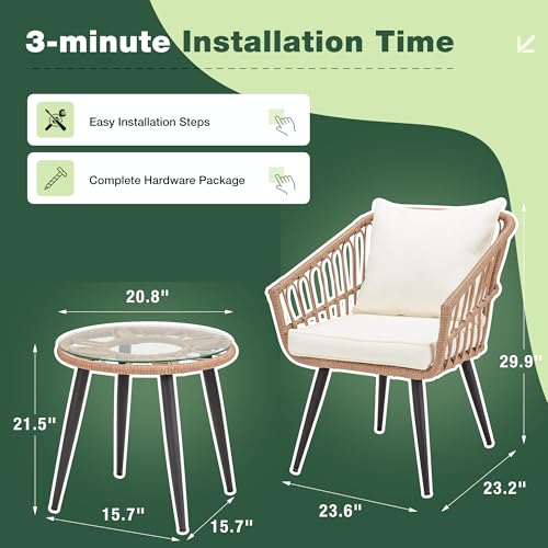 ECOTOUGE 3 Piece Wicker Patio Bistro Set, Outdoor Rattan Dining Set with Glass Top Table, Chairs, and Cushions, All-Weather Conversation Furniture Sets for Porch Backyard Lawn Poolside, Beige