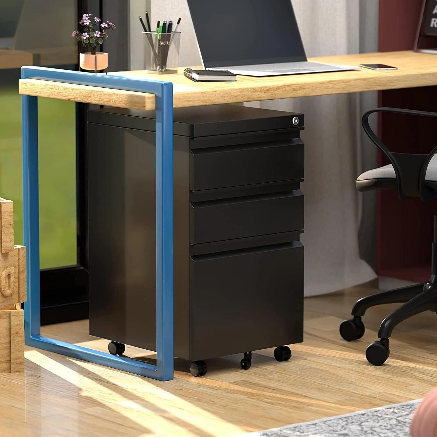 3 Drawer Metal File Cabinet with Lock Black-Mobile