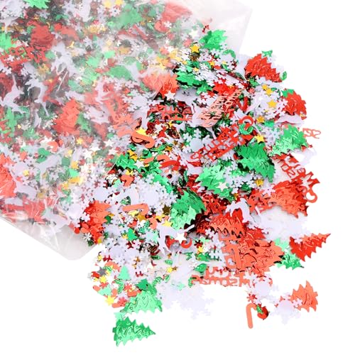 1LB Christmas Crinkle Cut Paper Shred - Red Green Gold White Gift Basket Filler with Santa, Snowman, Elk and Tree Confetti for Xmas Party Decorations, Wrapping & Crafts(Red+Green)