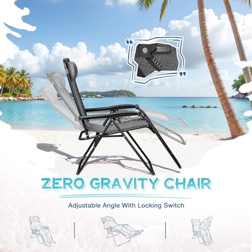 Greesum Zero Gravity Chairs Set of 2 Adjustable Steel Mesh Recliners Beach Deck Lawn Camping Patio Foldable Lounge Chair with Cup Holder Trays and Pillows,Brown