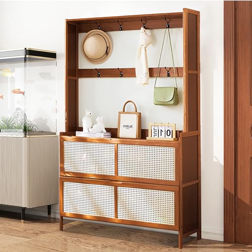 Bamboo Hall Tree with Shoe Storage, Bamboo Shoe Cabinet for Entryway, 14 Shoe Cubbies & 8 Coat Hooks, Freestanding Shoe Rack Coat Rack with Storage Shelves, 8 Hooks for Hallway, Bedroom, Rustic Brown
