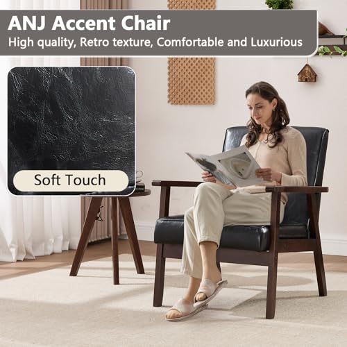 ANJ Mid Century Modern Accent Chair, Tufted Fabric Upholstery, Wood Frame, Beige