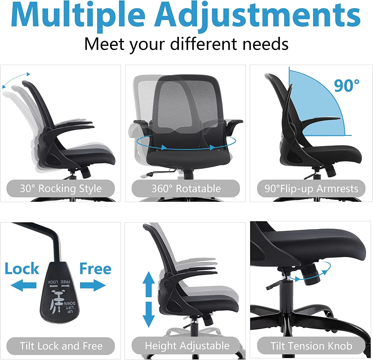 AMZFUN Office Chair,  Ergonomic Desk Chair, Breathable Mesh Computer Chair with Flip-up Armrests and Adjustable Height, Black