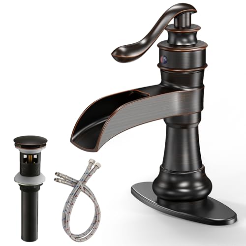 Vessel Sink Faucet, Oil Rubbed Bronze Black Bathroom Faucet, Farmhouse Waterfall Sink Faucet Single Hole with Pop Up Drain Assembly Without Overflow One Hole Mixer Tap Deck Mount