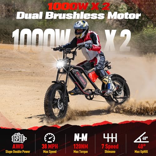 Dual:𝟑𝟎𝟎𝟎𝐖,𝟐𝟎𝟎𝟎/𝟏𝟓𝟎𝟎/𝟏𝟎𝟎𝟎𝐖 Folding Electric Bike Adults with 48V 23/20/17.5AH Battery, 26x4.0 Fat Tire Mountain E Bike, Full Suspension 31-38 MPH, Shim 7-Speed Gear