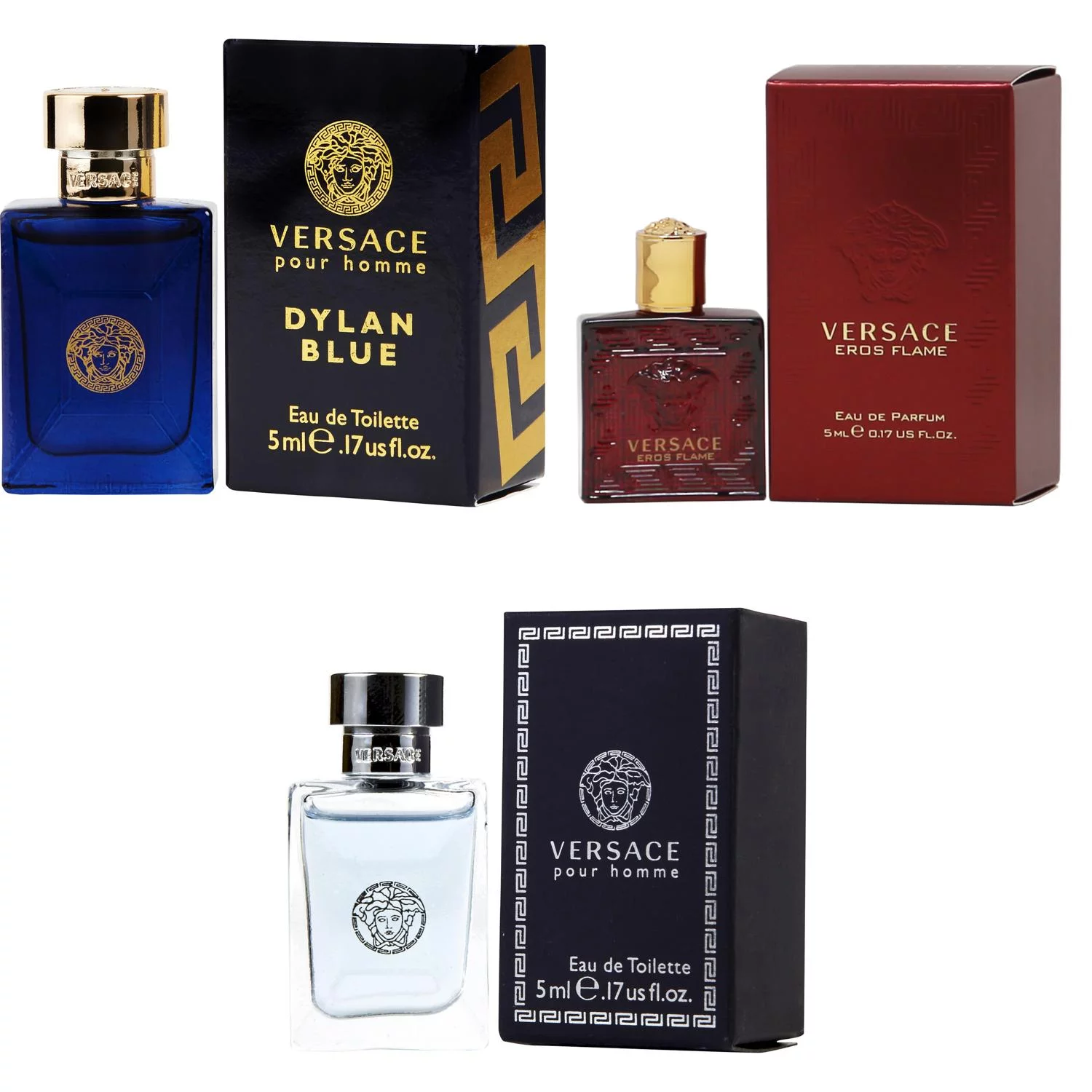 Versace Dylan Blue EDT, Eros Flame EDP, Pour Homme EDT - 5ml 3PK Kit