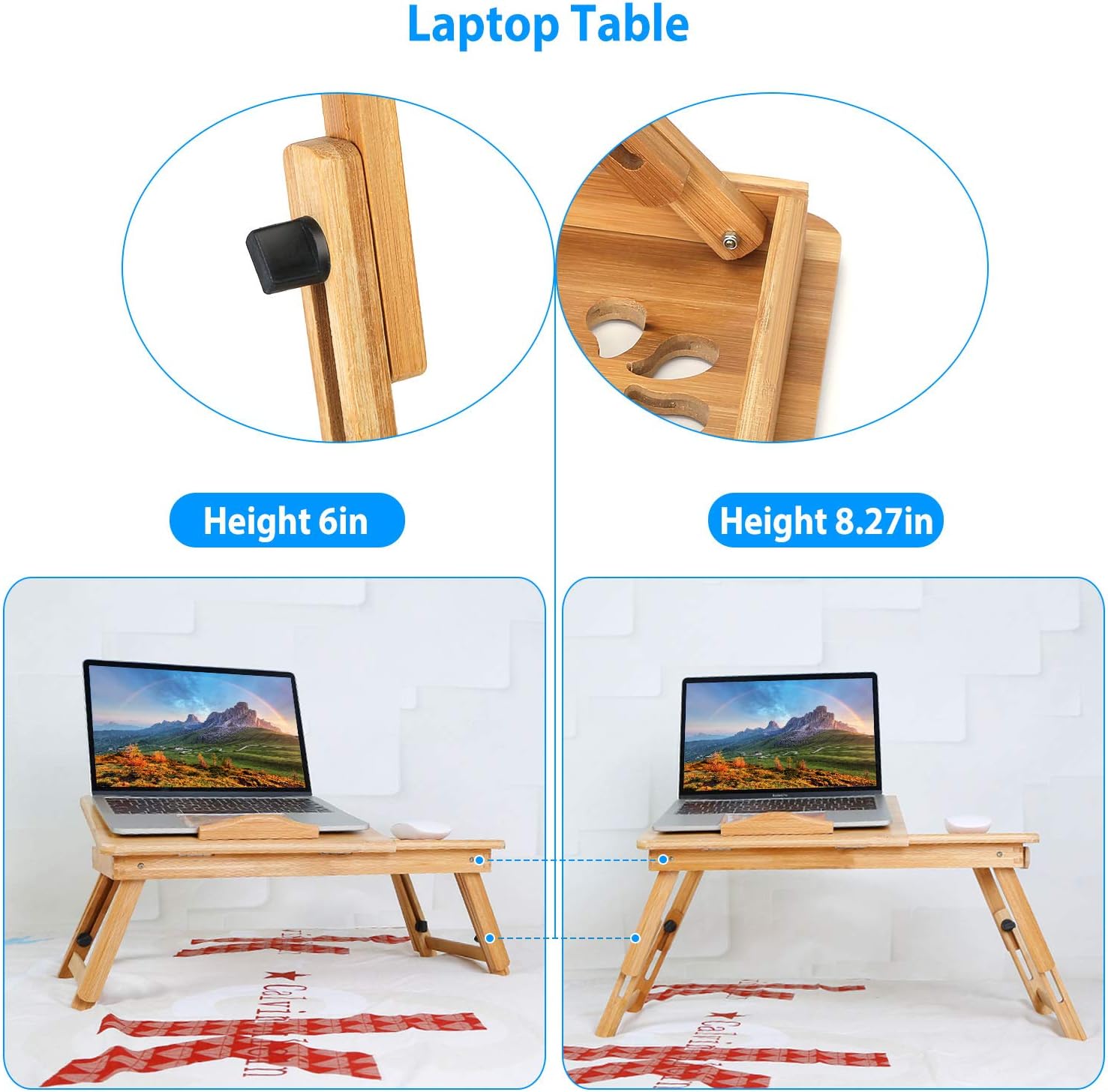 Bamboo Laptop Desk Breakfast Serving Bed Tray Foldable Leg Multi-Position Adjustable Tilt Surface Bed Lap Tray with Side Storage Drawer for Work Study Reading Eating Food