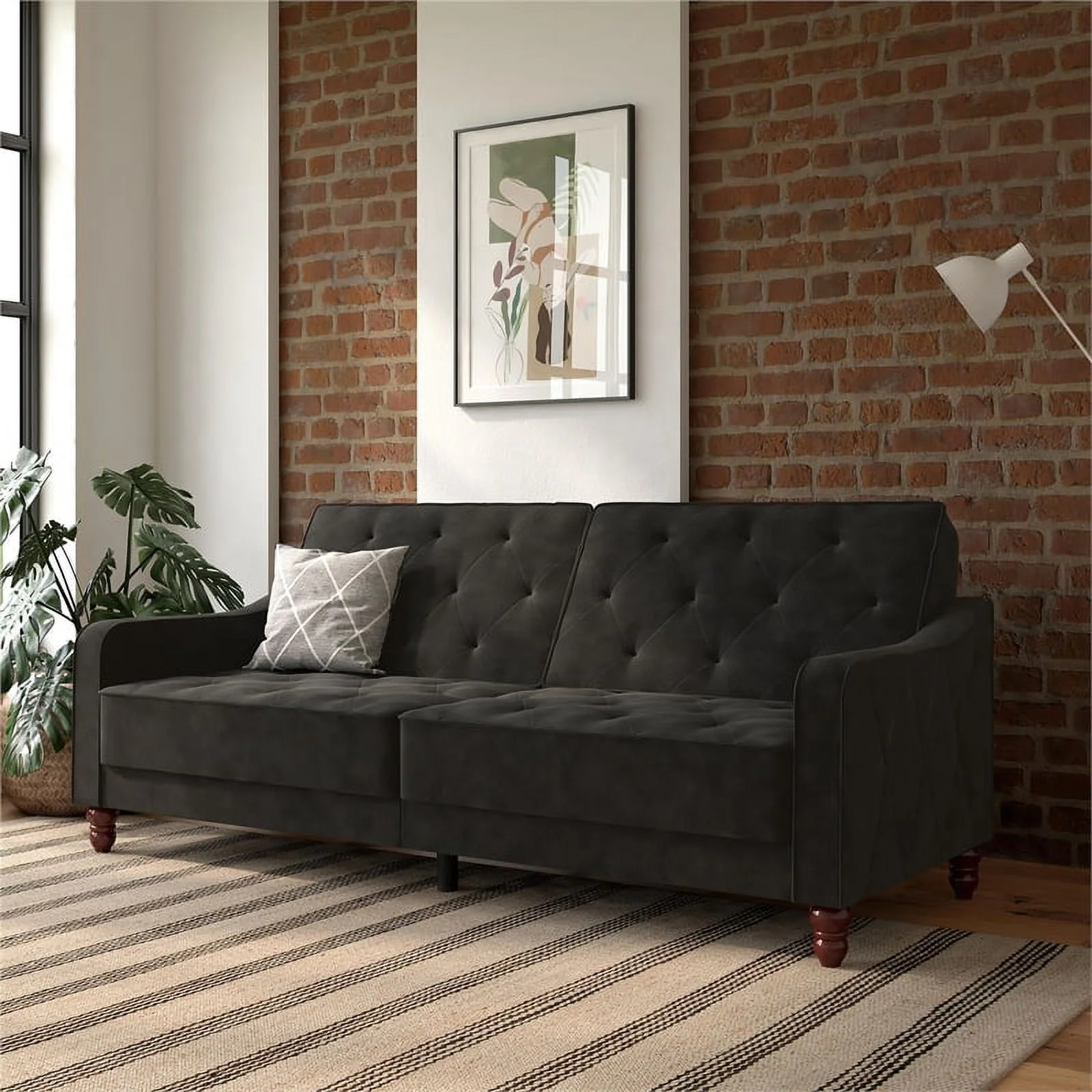 Pemberly Row Contemporary Vintage Tufted Split Back Futon in Grey Velvet