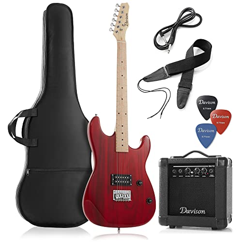 Davison Guitars Full Size Electric Guitar with 10-Watt Amp, Black - Right Handed Beginner Kit with Gig Bag and Accessories