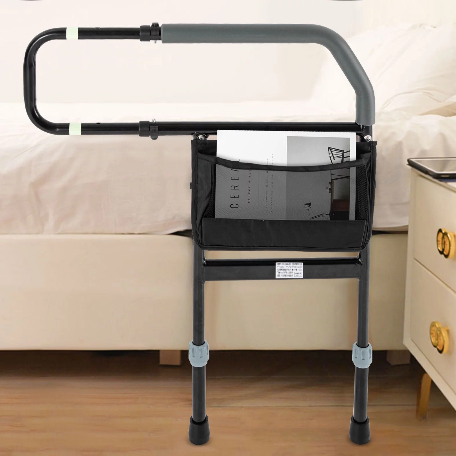 Oukaning Bed Side Rail, Adjustable Bed Assist Grab Bar Handle,Bed Side Rail with Storage Pocket for Elderly(Black)