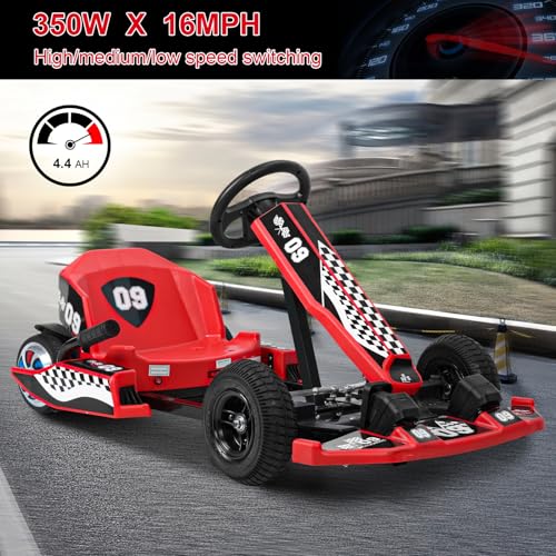 Go Kart, 36V Electric Ride On Go-Kart with Length Adjustable Frame and 350W Motor for Ages 8-12, 187 LBS, Max Speed 16 MPH, 3 Speed Crazy Drifting Cart for Racing and Immersive Gaming Red