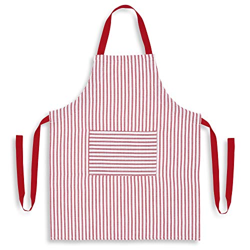 Cackleberry Home Red and White Ticking Stripe Woven Cotton Bib Apron Pocket Adjustable Strap