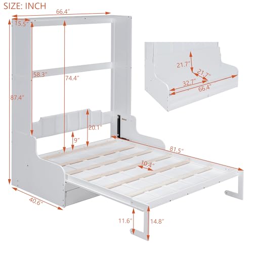 Ball & Cast Murphy Bed Wall Bed Queen Size with Cushion,Sofa Platform Bedfram Chest can be Folded,Wood Folding Hideaway w/Slat Support,Space-Saving Furniture for Guest Room,Study,Office,White