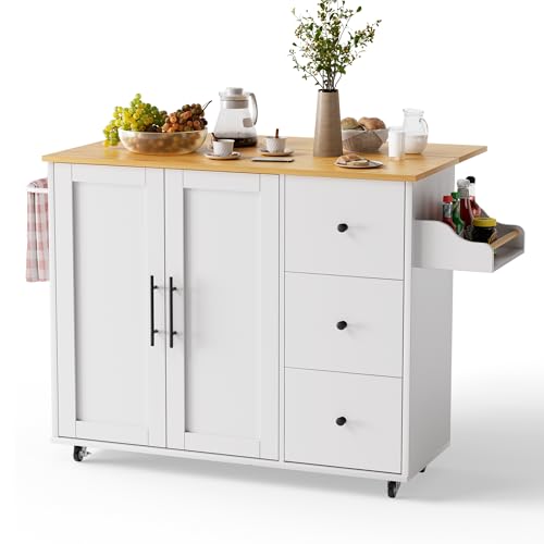 Kitchen Island with Storage, Rolling Kitchen Cart with 3 Drawers Kitchen Storage Cabinet on Wheels with Inner Adjustable Shelves for Dining Room/Living Room Thicker,39.37