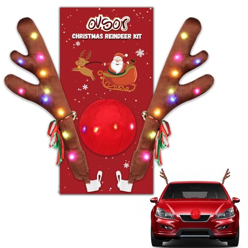 Christmas Reindeer Car Kit - Antlers & Nose for Decorations, Sturdy Rudolph Reindeer with LED, Jingle Bells, Car Reindeer Antlers for Any Vehicle Decorations