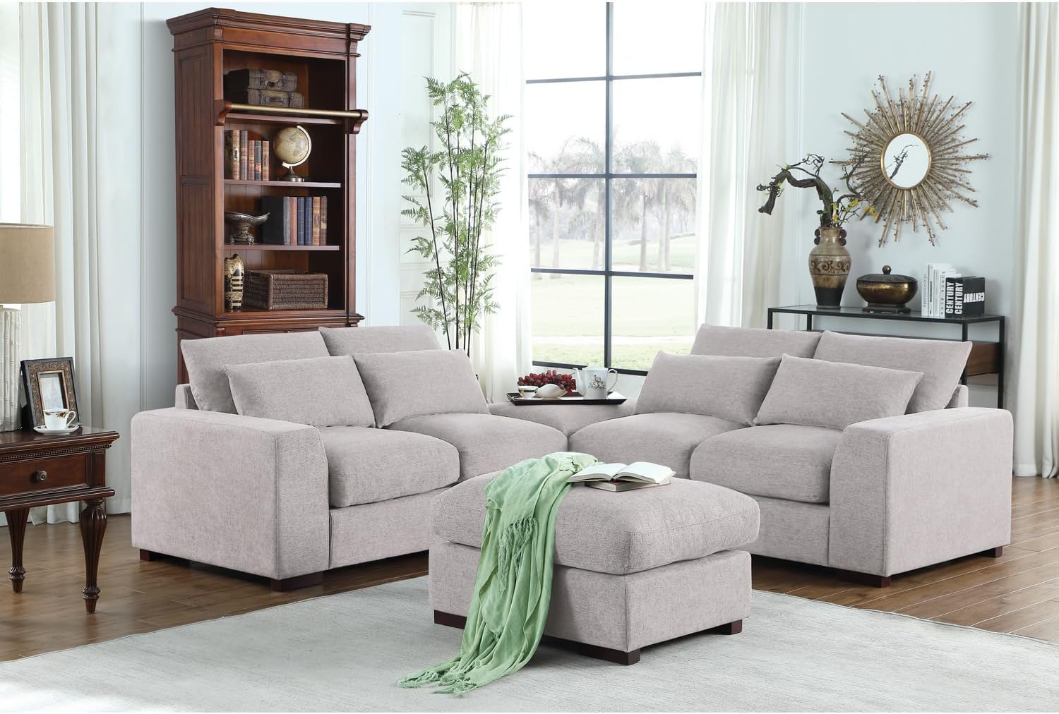 Devion Furniture Reversible Modular Sectional Fabric Sofa & Chaise with Two Ottoman-Light Gray